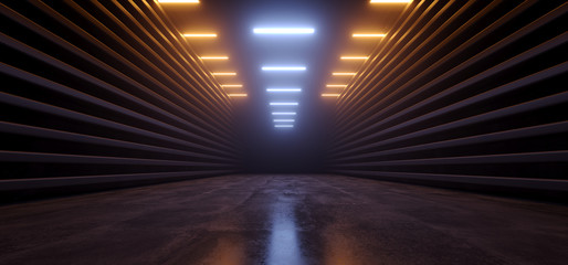 Cyberpunk Dark Neon Laser Cyber Sci Fi Led Lights Glowing Industrial Retro Blue Orange Pantone Reflective Concrete Metal Grunge Underground Warehouse Stage Studio 3D Rendering