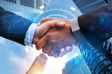 Wall Mural - Partnership. business man handshake with digital network link connection, graph chart of stock market graphic diagram and city background, digital technology, internet communication, teamwork concept