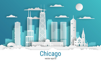 Canvas Print - Paper cut style Chicago city, white color paper, vector stock illustration. Cityscape with all famous buildings. Skyline Chicago city composition for design.