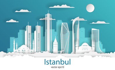 Canvas Print - Paper cut style Istanbul city, white color paper, vector stock illustration. Cityscape with all famous buildings. Skyline Istanbul city composition for design.