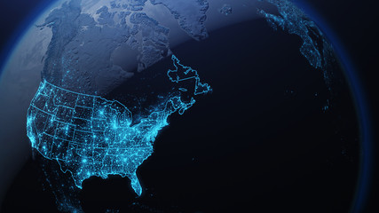 3D illustration of USA and North America from space at night with city lights showing human activity in United States