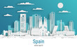 Paper cut style Spain, white color paper, vector stock illustration. Cityscape with all famous buildings. Skyline Madrid city composition for design.