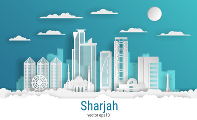 Canvas Print - Paper cut style Sharjah city, white color paper, vector stock illustration. Cityscape with all famous buildings. Skyline Sharjah city composition for design.