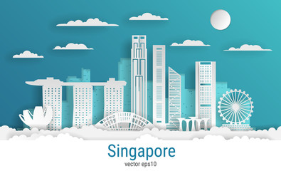 Wall Mural - Paper cut style Singapore city, white color paper, vector stock illustration. Cityscape with all famous buildings. Skyline Singapore city composition for design.
