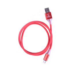 Red USB cable for smartphone charge isolated on white background.