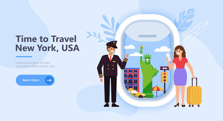 Wall Mural - Travel to New York, USA concept with landmark icons, tourist character, pilot and airplane window. Flat cartoon illustration