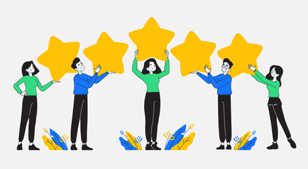 Feedback, customer review and rating concept. Young and happy people holding feedback stars over their heads, vector illustration