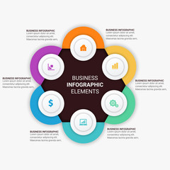 Business Infographic presentation template with 3, 4, 5, 6 options, parts, steps. Diagram, graph, round chart.