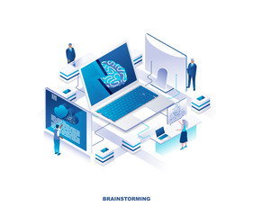 Aufkleber - Brainstorming isometric landing page. Concept of creative business thinking or idea creation with tiny people standing around giant laptop computer with brain on screen. Modern vector illustration.