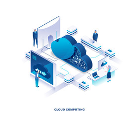 Fototapete - Cloud computing service isometric landing page. Concept of innovative technology for file storage, data center, database, storing digital information on internet. Vector illustration for website.