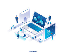 Aufkleber - Business coaching isometric landing page. Concept of career development seminar, training or educational course with tiny people working on computers around giant laptop. Modern vector illustration.