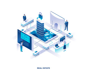 Aufkleber - Real estate isometric landing page. Concept of housing, residential construction and engineering with tiny people working at digital screens around buildings or skyscrapers. Vector illustration.