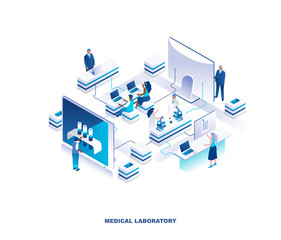 Aufkleber - Medical laboratory isometric landing page. Concept of scientific research in medicine or pharmaceutics with medics, researches or scientists working in lab. Vector illustration for advertisement.