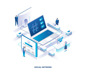 Aufkleber - Social media or network isometric landing page. Concept of online platform for communication with people standing around laptop computer with feedback notifications on screen. Vector illustration.