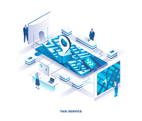 Aufkleber - Mobile application for taxi or cab booking service isometric landing page. Concept with tiny people stand around giant smartphone with city map on screen. Modern vector illustration for promotion.