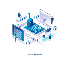 Aufkleber - Touristic service for travel planning, accommodation booking isometric landing page. Concept with tiny people standing around giant tablet PC with map and suitcase on screen. Vector illustration.
