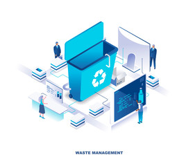 Aufkleber - Waste management or disposal service, recycling technology isometric landing page. Concept with tiny people stand around giant trash bin and sorting garbage. Modern vector illustration for website.