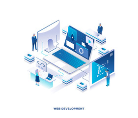 Aufkleber - Front-end and back-end web development, programming, coding isometric landing page. Concept with programmers or coders working on computers around giant laptop. Modern vector illustration for website.