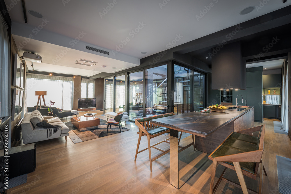 Interior of a open plan living room in a luxury penthouse apartment - obrazy, fototapety, plakaty 