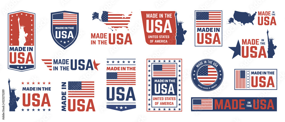 Made in USA label. American flag emblem, patriot proud nation labels icon and united states label stamps vector isolated symbols set. US product stickers, national independence day 4th july badges - obrazy, fototapety, plakaty 