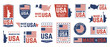 Made in USA label. American flag emblem, patriot proud nation labels icon and united states label stamps vector isolated symbols set. US product stickers, national independence day 4th july badges