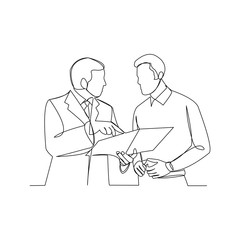 Wall Mural - Continuous line drawing of two businessman talking and discuss about document. Vector illustration.