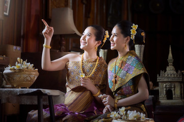 Woman wearing laos traditional dress costume,vintage style,Laos girl dressed in traditional Lao clothes Beautiful Laos girl in Laos costume,Laos