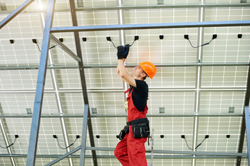 Wall Mural - Male expert inspecting quality of a solar panels. Worker in orange uniform and helmet with equipment. Ecology power conservation concept.