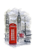 Fototapeta Londyn - Big Ben tower of London. watercolor illustration isolated on white.