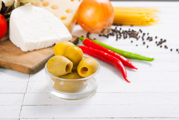 Sticker - mediterranean food ingredients on white wood table