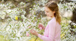 © MNStudio - Adorable young girl having fun in blooming cherry garden on beautiful spring day. Kid hanging Easter eggs on blossoming cherry branches.