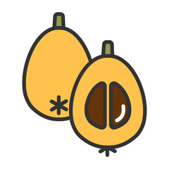 Wall Mural - Loquat or Japanese medlar. Colorful fruit icon, outline. Flat style vector illustration with editable stroke. Half and whole fruit. Contour logo. Silhouette symbol. isolated in white background.