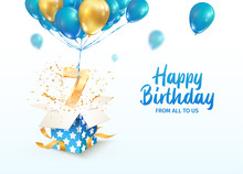 Celebrating Of 7 Th Years Birthday Vector 3d Illustration. Seventh Anniversary Celebration. Open Gift Box With Explosions Confetti And Number Seven Flying On Balloons On Light Background