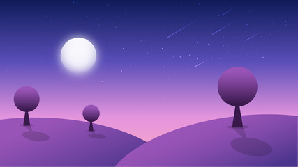 Pink abstract geometric landscape with trees, moon and starry sky