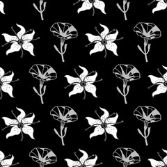 Petunia and Lilly-Flowers in Bloom seamless repeat pattern in black and white. Graphic classic Petunia Flowers Pattern Background. Flowers surface pattern design, perfect for fabric, scrapbook, wallpa