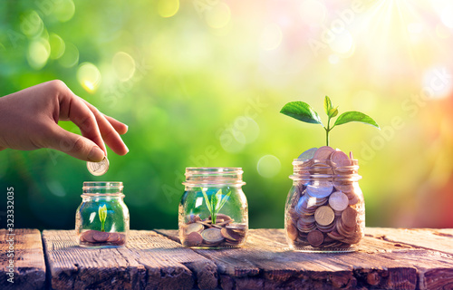 Fotografía Save Money And Investment Concept - Plants Growing Up In Jars