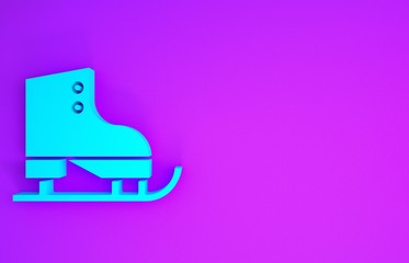 Poster - Blue Figure skates icon isolated on purple background. Ice skate shoes icon. Sport boots with blades. Minimalism concept. 3d illustration 3D render