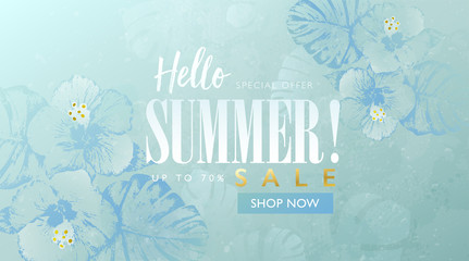 Wall Mural - Summer sale banner with hibiscus flowers and tropical leaves background. Exotic floral design template for banner, flyer, poster or web site. Watercolor paint textured style vector illustration.