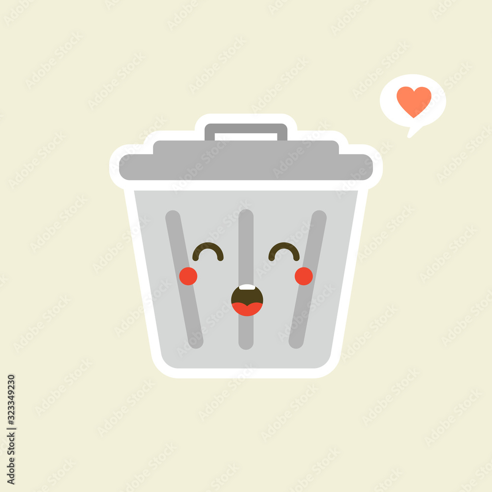 Recycle bin cartoon cute character in kawaii flat style tin trash bin