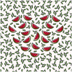 Watermelon fruit flat with leaves vector background seamless pattern. Scalable and editable. Vector pattern for textile, print, fabric, backdrop, wallpaper, background.