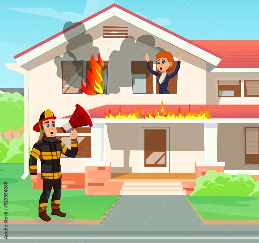 Call Help Fire Animation Fully Equipped Professional Firefighter, Talking Through Megaphone to ...