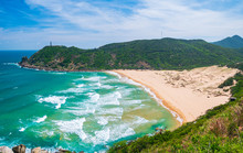Expansive View Of Scenic Tropical Bay, Bai Mon Gorgeous Golden Beach And Sand Dunes Blue Waving Sea. The Easternmost Coast In Vietnam With Lighthouse, Phu Yen Province Between Da Nang And Nha Trang.