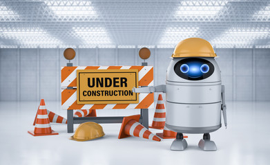 android robot with under construction sign