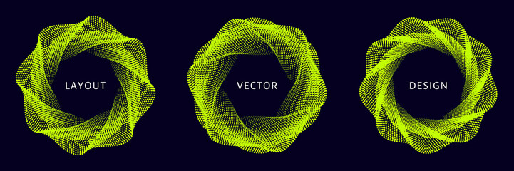 Wall Mural - set of spiral dotted graphic elements on dark background. wavy vector frames.