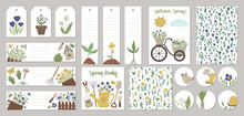 Set Of Vector Spring Garden Card Templates, Gift Tags, Labels, Pre-made Designs, Bookmarks With Cute Cartoon Gardening Elements And Characters. Funny Flat Illustration.