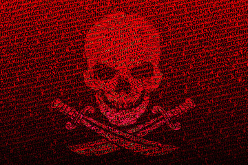 Wall Mural - A contrasting Jolly Roger on a blood-red bright background from terms related to computer viruses, the Internet, computer technology and cyber attacks.