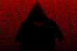 © Ilmar - The silhouette of a hooded hacker working at a laptop, against a background of bright blood-red terms on the topic of computer technology, viruses and cyber piracy.