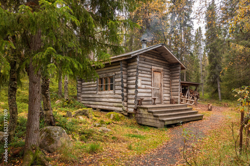 Traditional wooden wilderness hut in Oulanka national park, Finland Poster Mural XXL