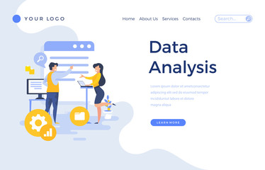 Wall Mural - Landing page template data analysis concept with office people characters.