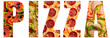 Word pizza with texture pattern of different pizzas for each letter.Concept for restaurants, posters, banners, advertisements and blogs. Isolated on a white background.